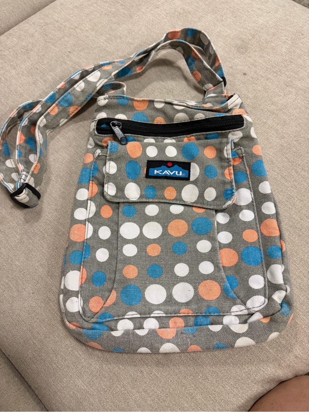 Kavu Gray Crossbody with Blue, Orange & White Polka Dots